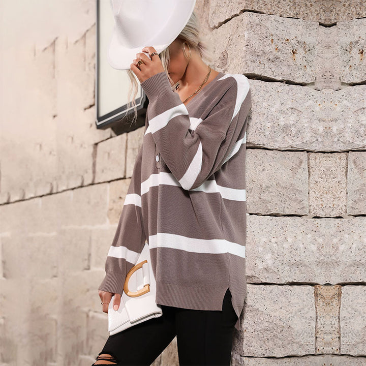 Women's Oversized V-Neck Knit Sweater with Button Placket and Block Stripes Mune Fashion