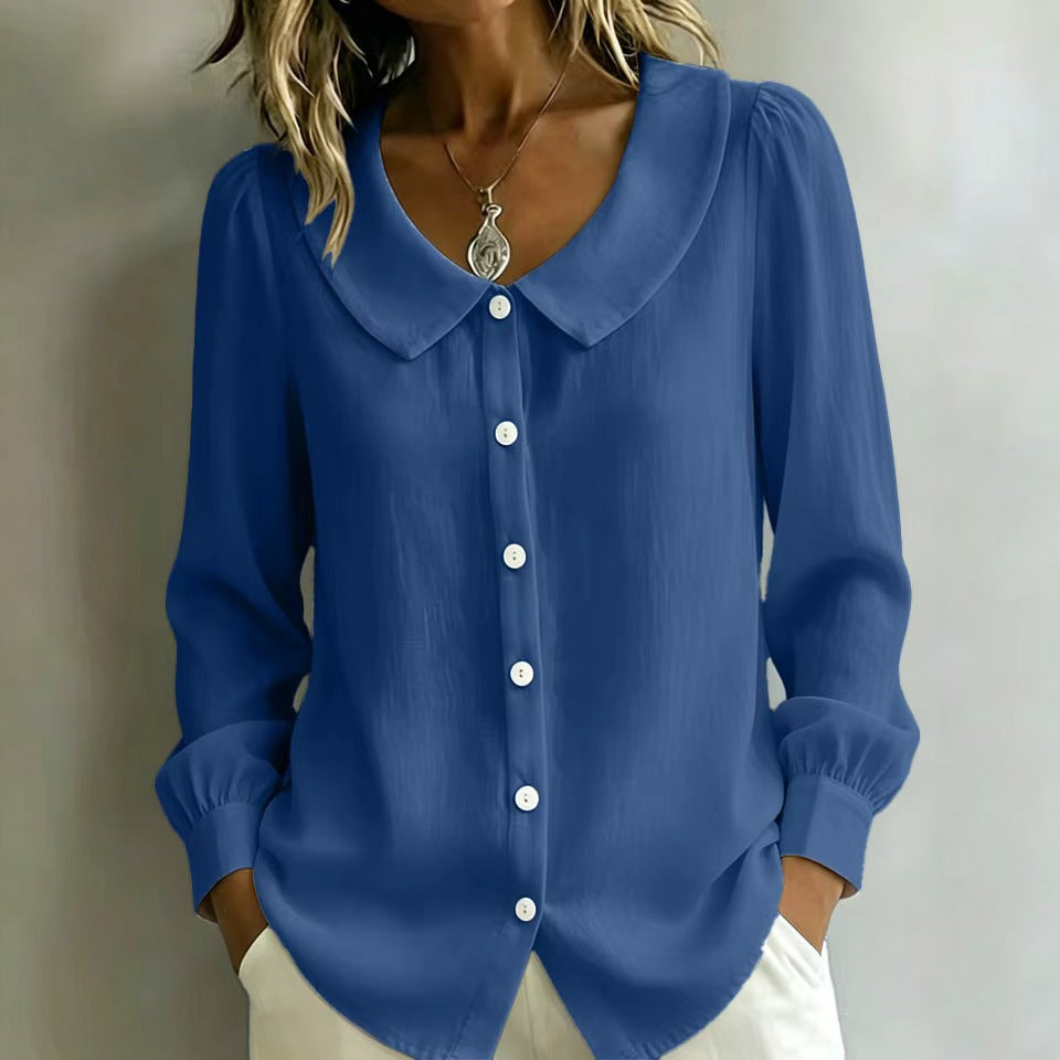 Women Loose Fit Blouse with Round Collar, Puff Sleeves and Pearl Button Placket Mune Fashion