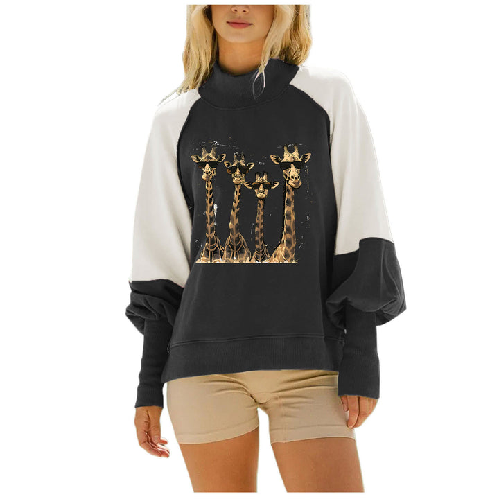 Women's casual oversized sweatshirt with high roll neck, raglan sleeves, and giraffe print Mune Fashion