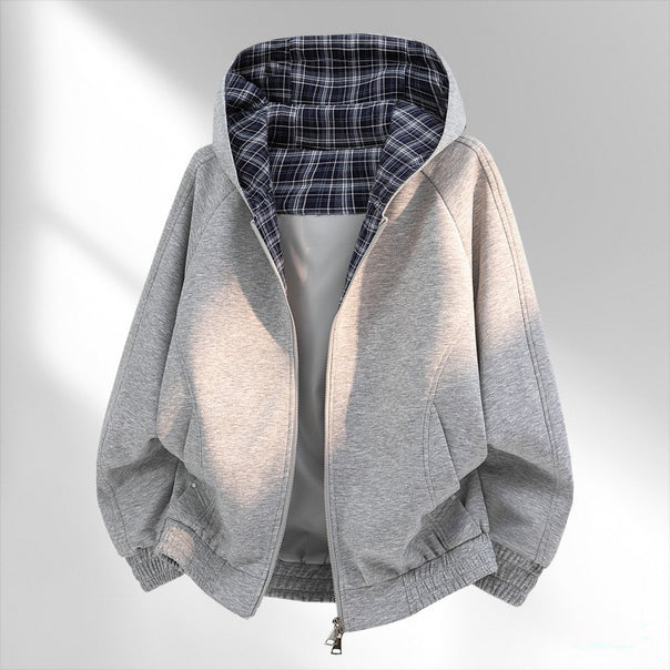 Women's casual sweat bomber with quilted check lining in hood and elastic hem Mune Fashion