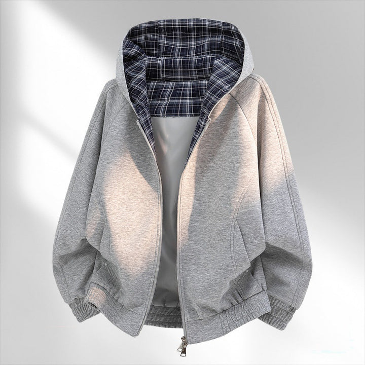 Women's casual sweat bomber with quilted check lining in hood and elastic hem Mune Fashion