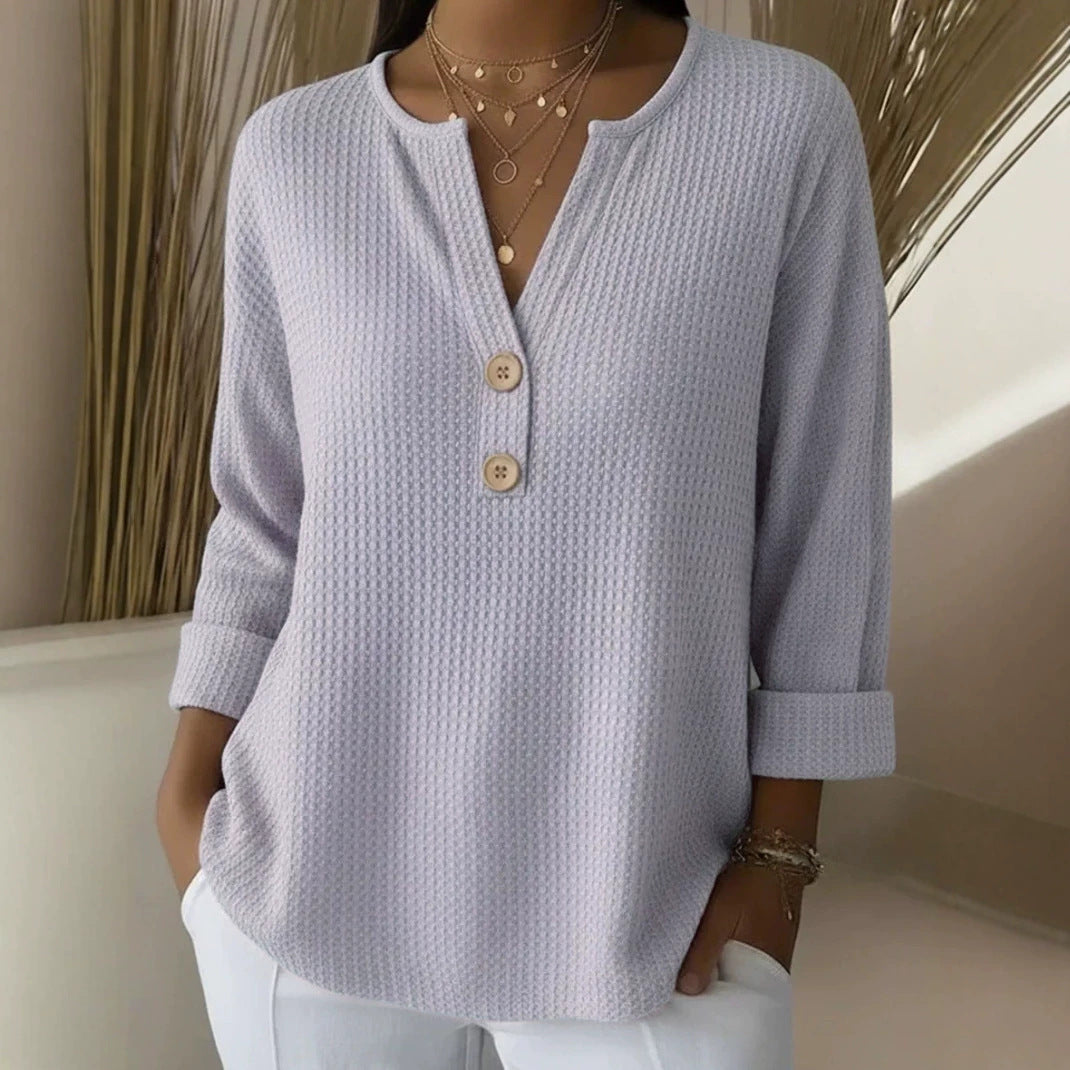 Women's waffle texture Henley shirt with V-neck, short button placket, and roll-up 3/4 sleeves Mune Fashion