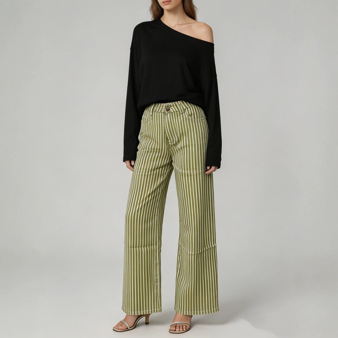 Ladies wide High-Waist Palazzo pants with vertical stripe design and quilted knee areas Mune Fashion