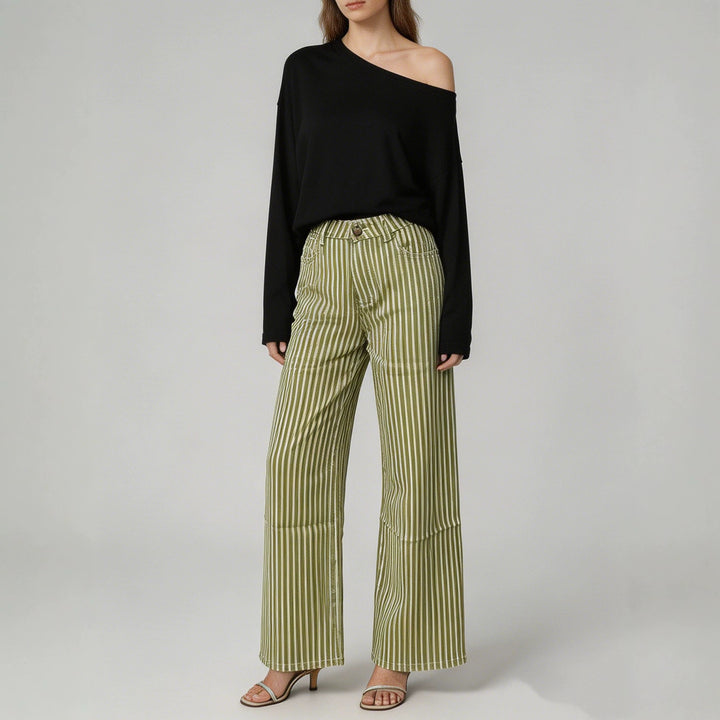 Ladies wide High-Waist Palazzo pants with vertical stripe design and quilted knee areas Mune Fashion