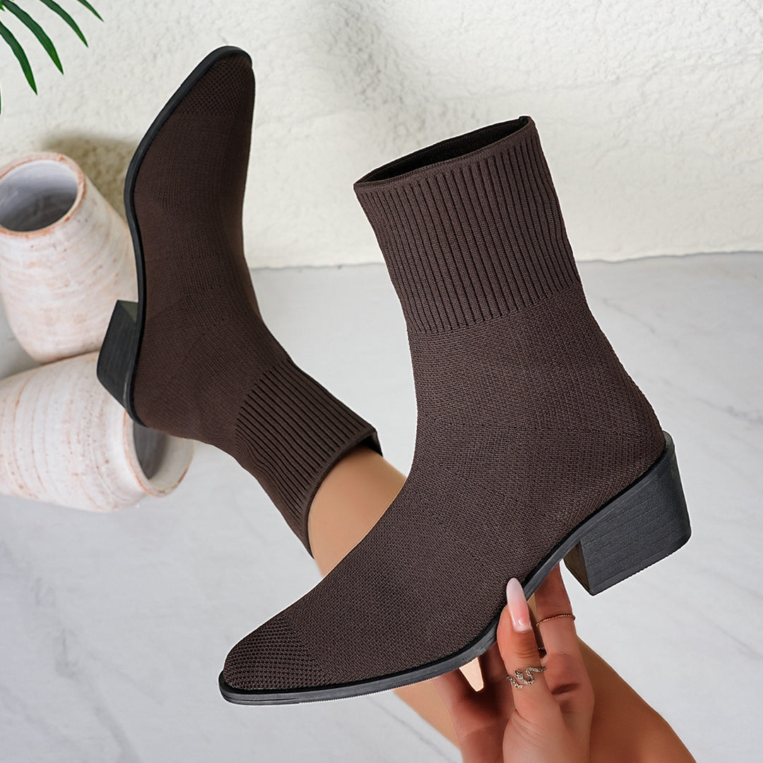 Women’s knitted ankle boots with sock-like shaft and mid-high block heel Mune Fashion