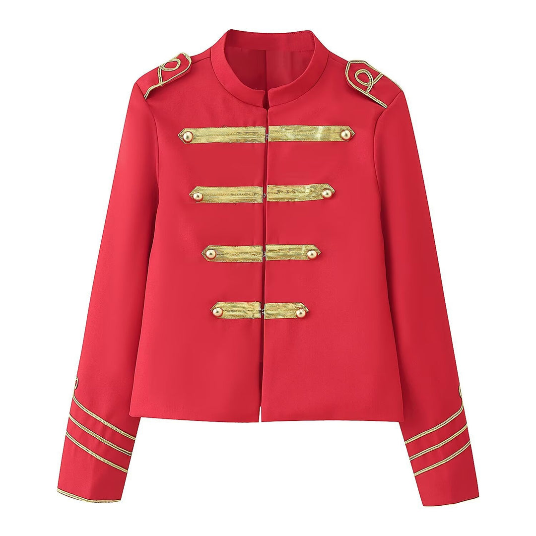 Ladies Cropped Military Jacket with Gold Embroidered Galloons and Stand-up Collar Mune Fashion