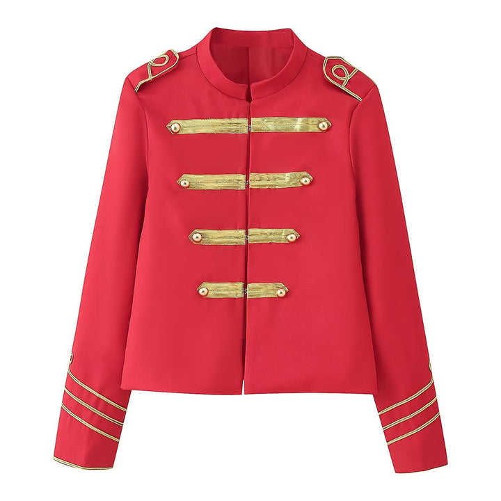 Ladies Cropped Military Jacket with Gold Embroidered Galloons and Stand-up Collar Mune Fashion