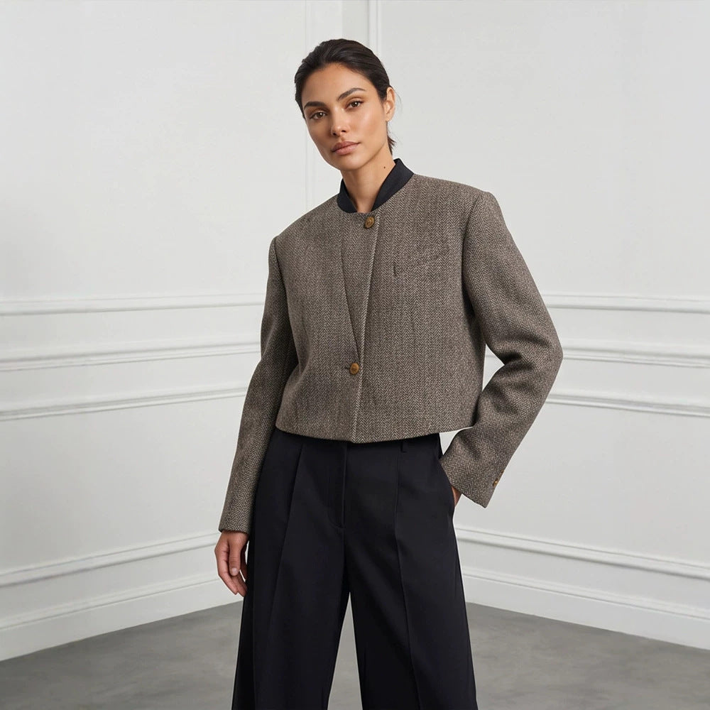 Ladies Short Cut Wool Blazer with Stand-up Collar and Herringbone Pattern Mune Fashion