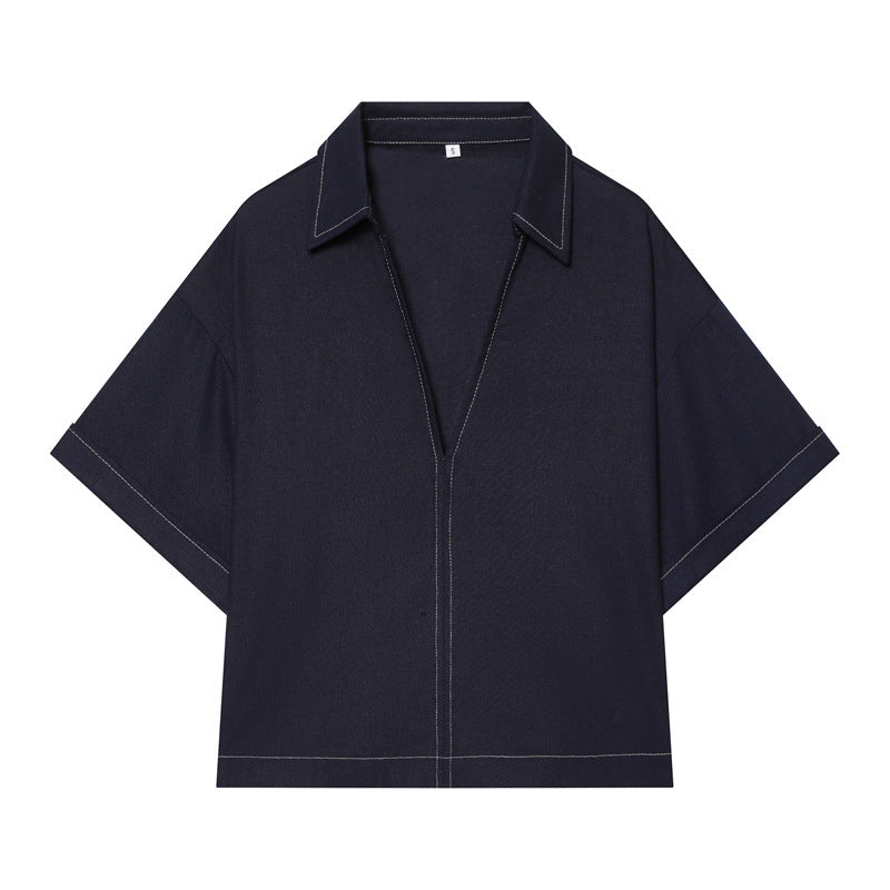 Women Boxy Shirt Blouse with Open V-Neck, Short Oversized Sleeve and Contrast Stitch Mune Fashion