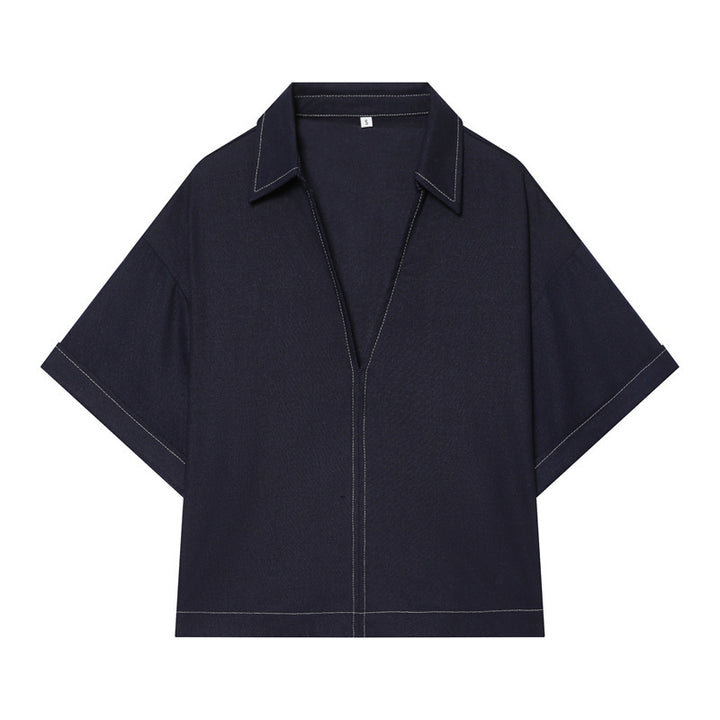 Women Boxy Shirt Blouse with Open V-Neck, Short Oversized Sleeve and Contrast Stitch Mune Fashion