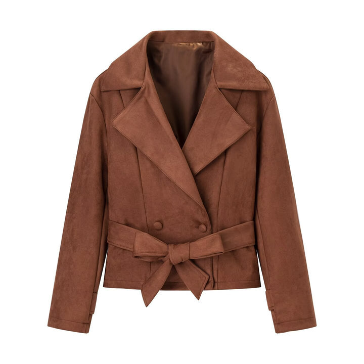 Women's short jacket in suede look with waist belt and large lapel Mune Fashion