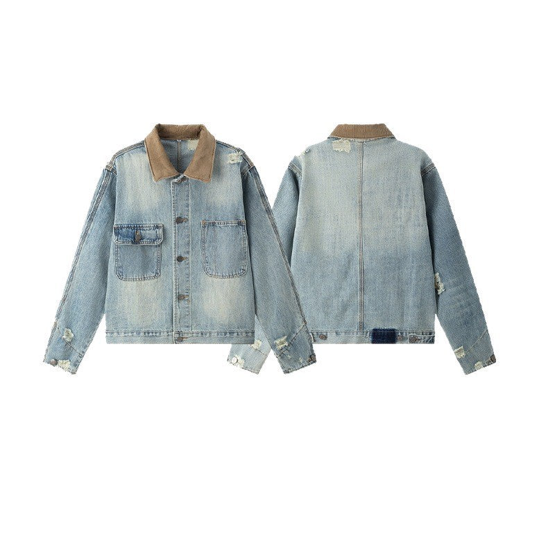 Unisex Boxy Denim jacket in Worker look with cord collar, used effect and large breast pockets Mune Fashion
