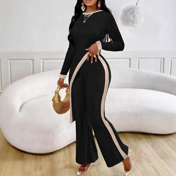 Women's elegant ribbed jumpsuit with asymmetrical wrap look, fitted cut-out, and contrasting side stripes Mune Fashion