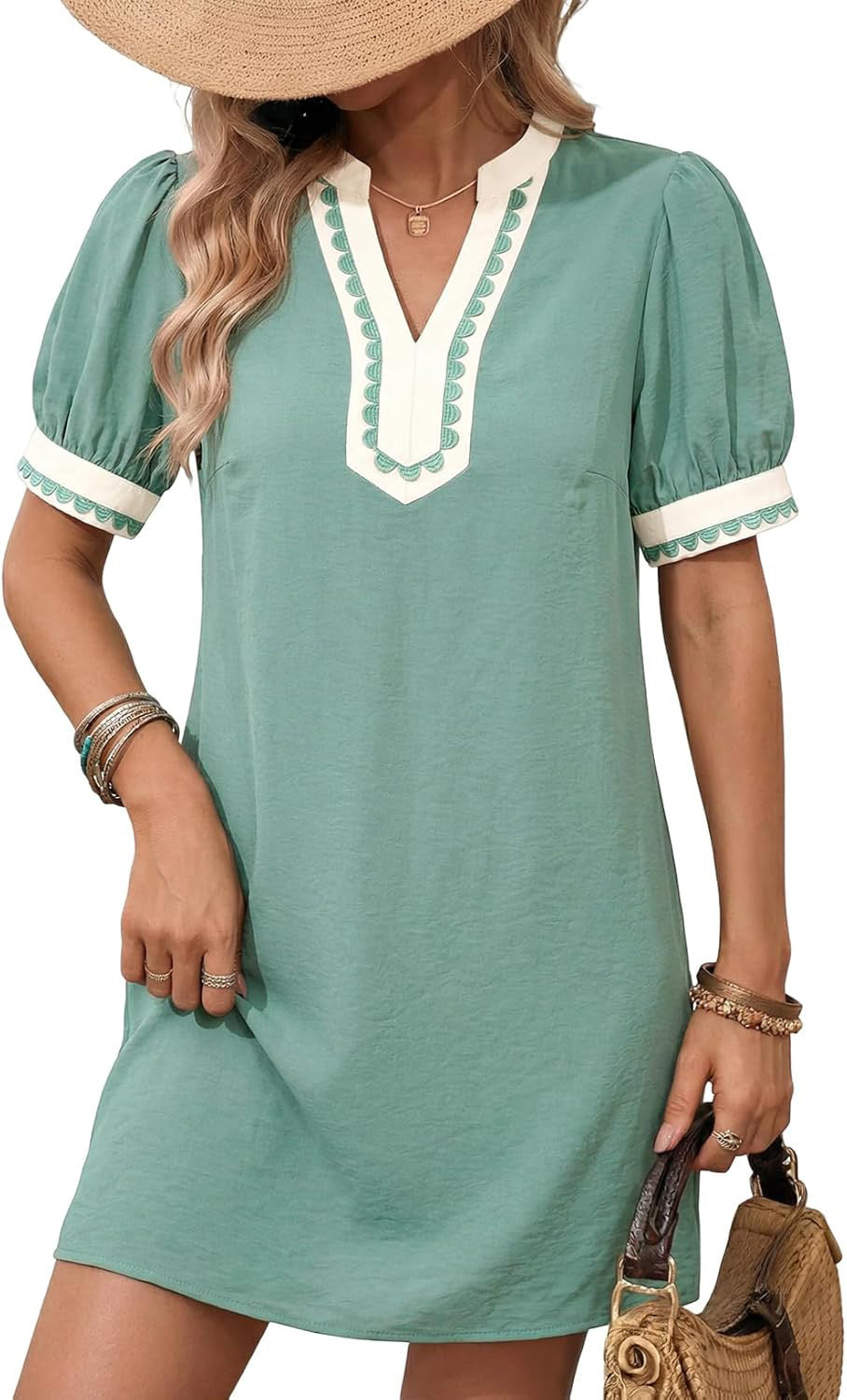 Women Loose A-Line Minidress with Puff Sleeves, V-Notch and Contrasting Trim Mune Fashion