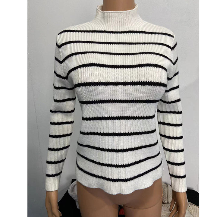 Women's fine knit sweater with short stand-up collar, ribbed texture, and maritime stripes Mune Fashion