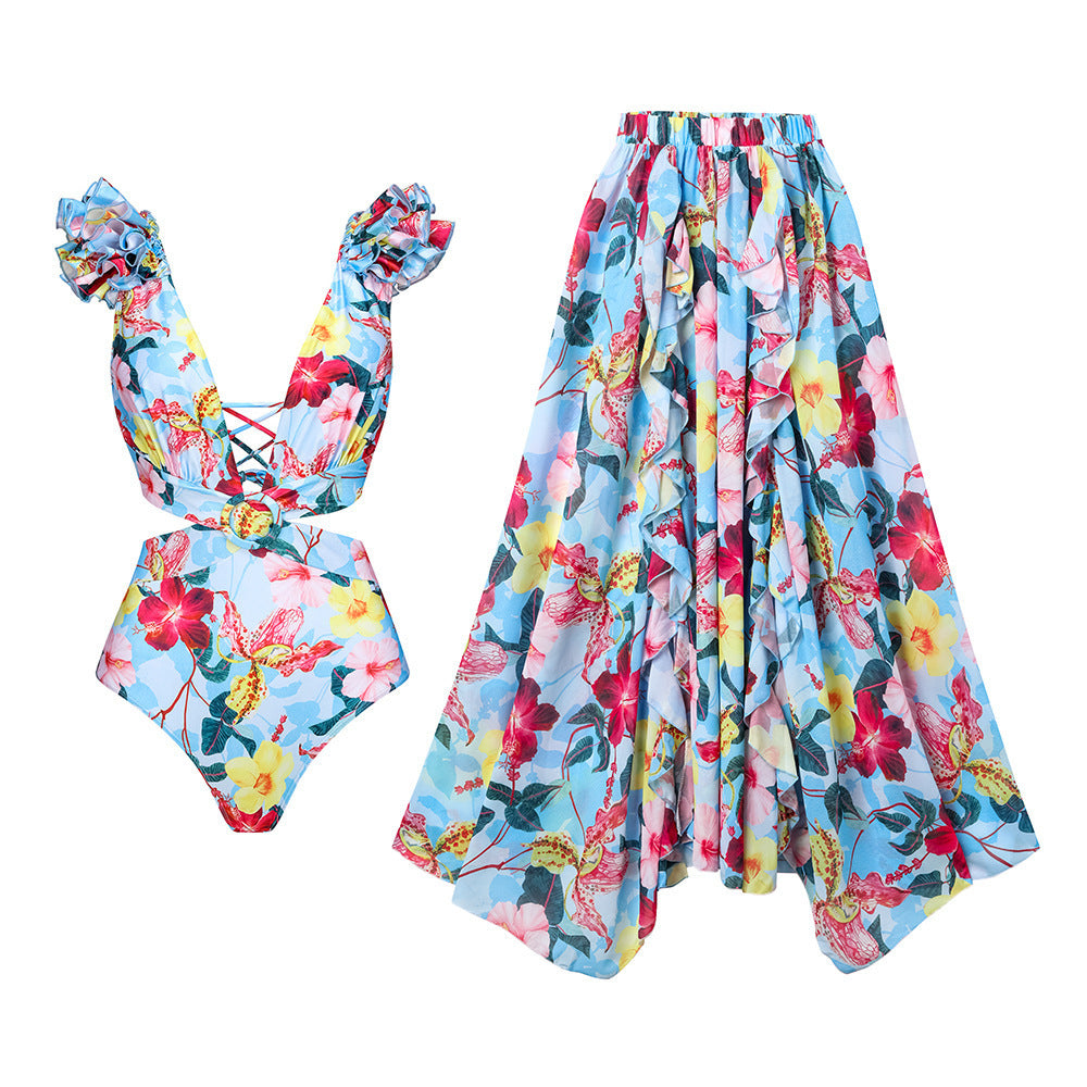 Women Bikini with Ruffles and Matching Maxi Skirt Mune Fashion