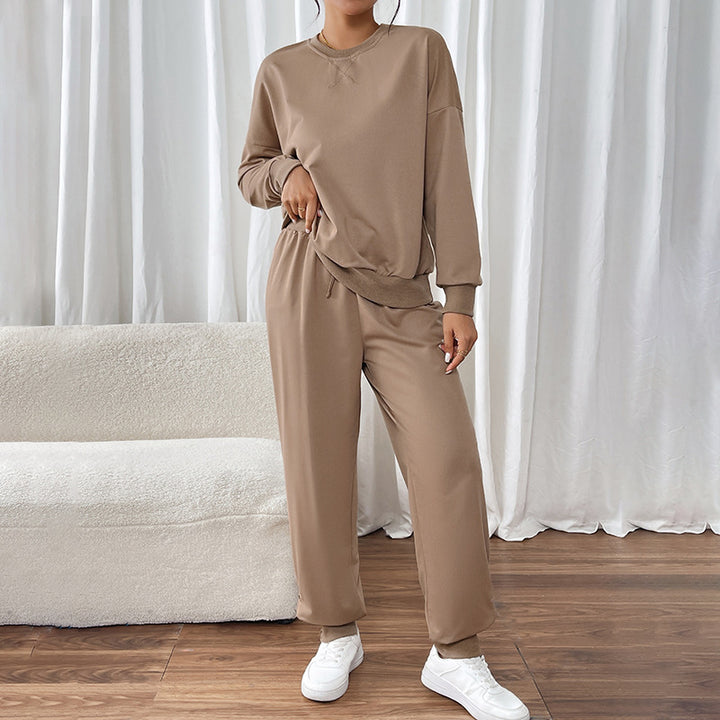 Women Casual Sweat Set with Oversized Crew Neck and High Waist Pants with Button Cuff Mune Fashion
