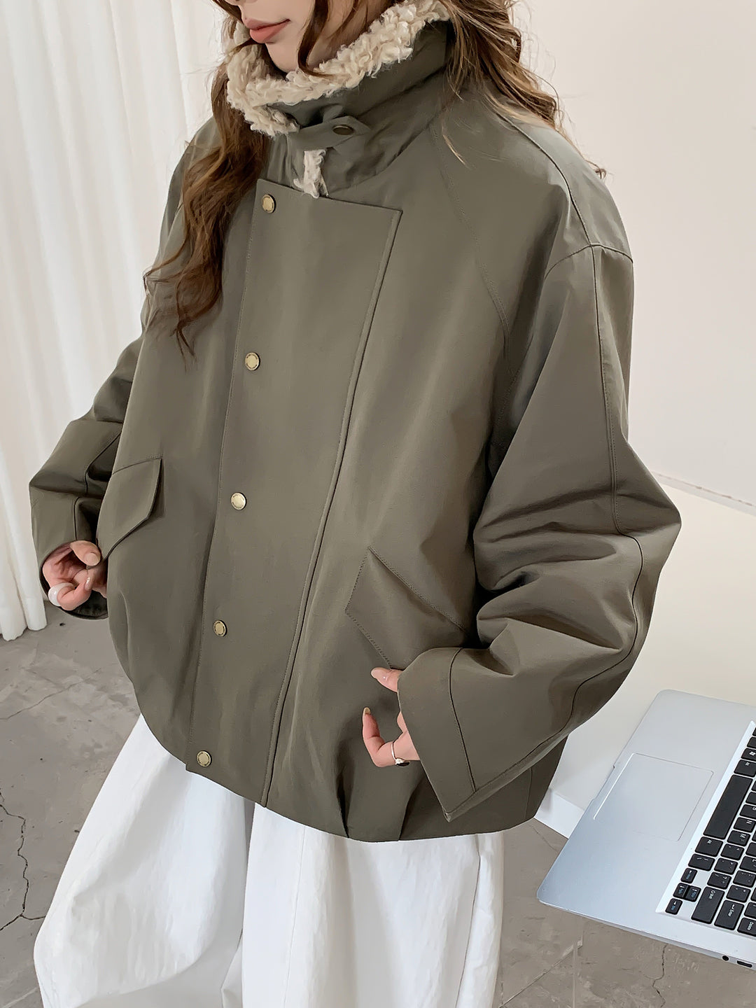 Women Oversize Utility Jacket with High Teddy Collar and Snap Button Placket Mune Fashion