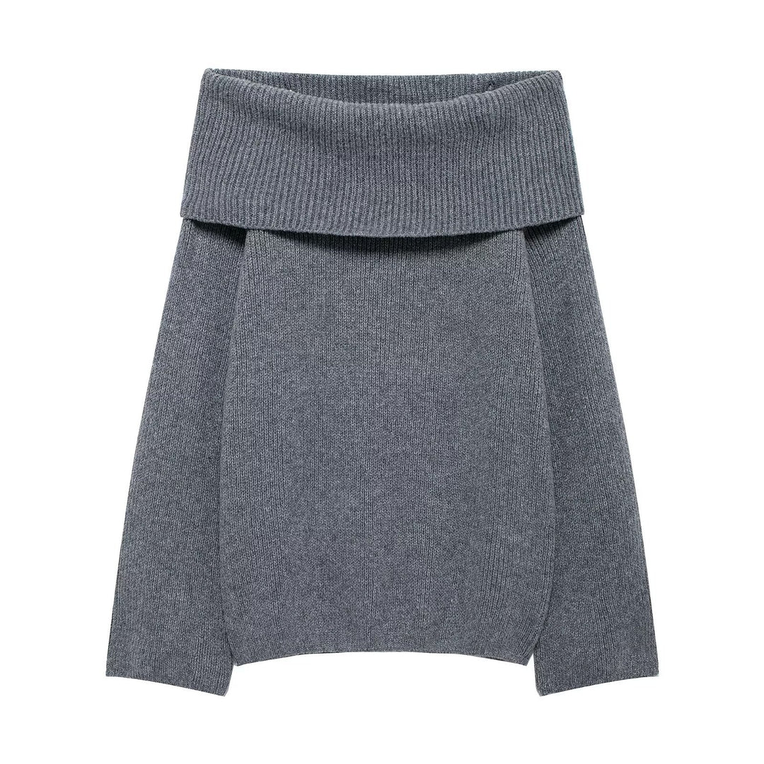 Women's Chunky Knit Oversized Sweater with Wide Fold-Over Collar Mune Fashion