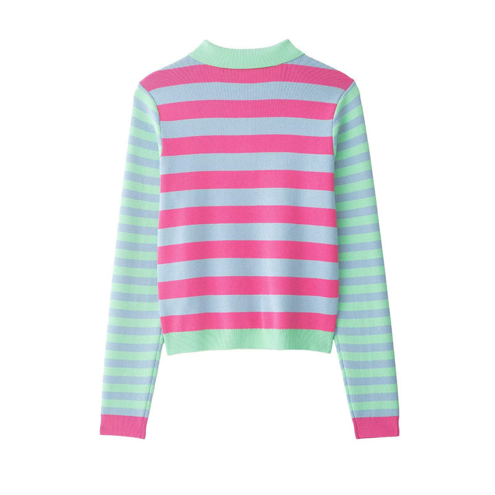 Women Striped Short Jacket-Cardigan with Polo Collar and Button Placket Mune Fashion