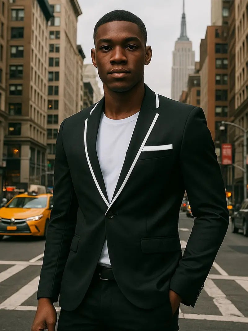 Men's single-breasted slim-fit blazer with contrasting lapel trim and flap pockets Mune Fashion