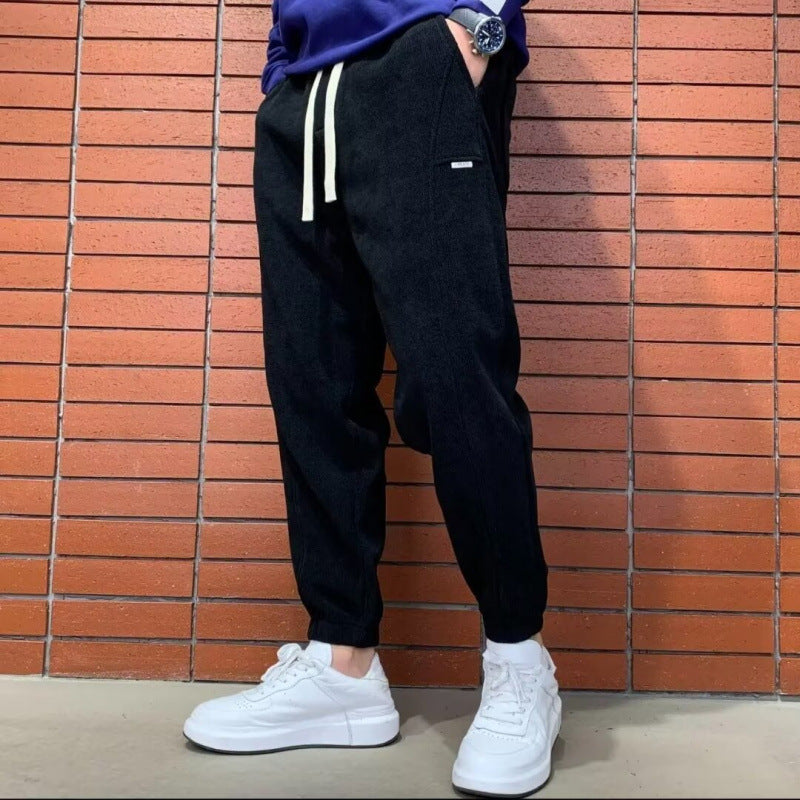 Men's Loose Corduroy Jogging Pants with Elastic Waistband and Drawstring Mune Fashion