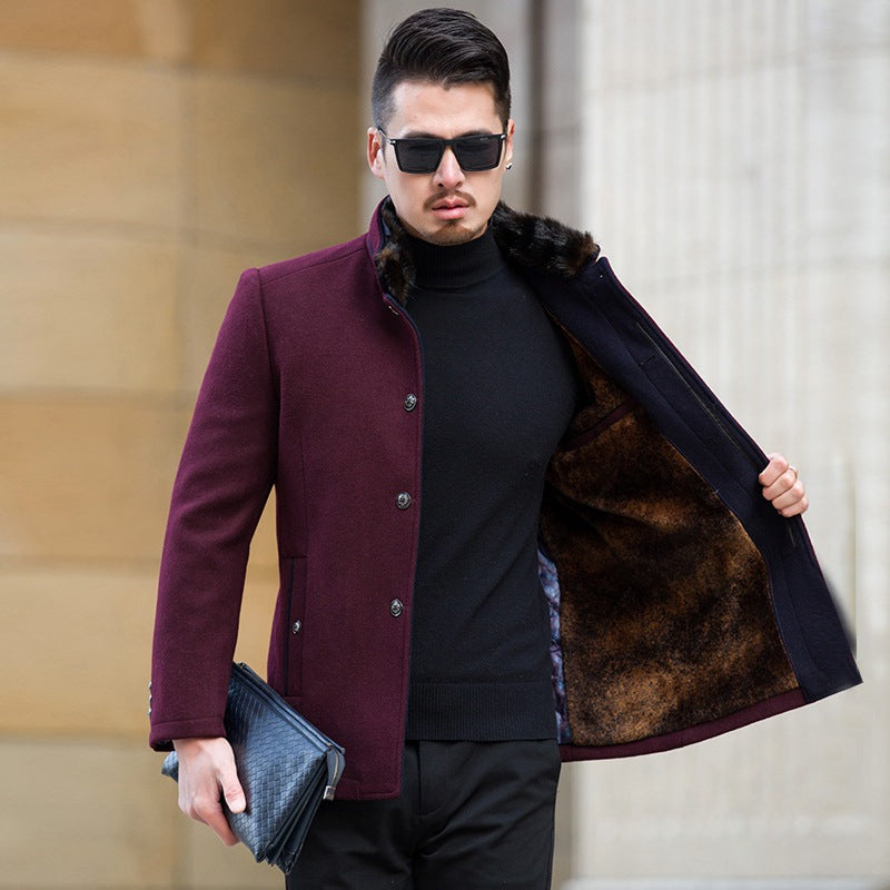 Men's wool coat with warm faux fur lining and stand-up collar Mune Fashion