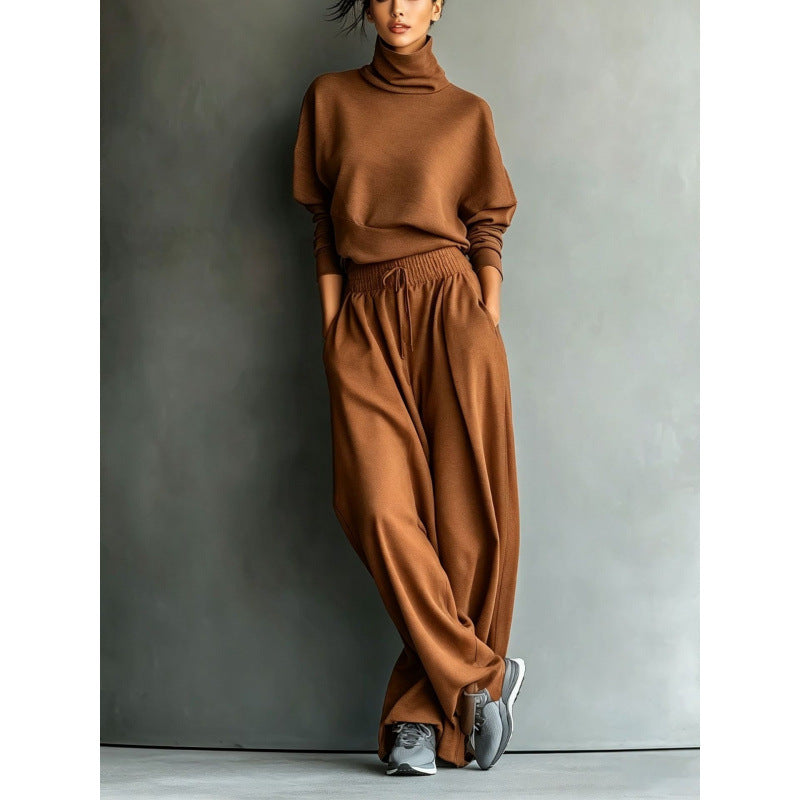 Women's Turtleneck Loungewear Set with Oversize Top and Wide Elastic Waist Pants Mune Fashion