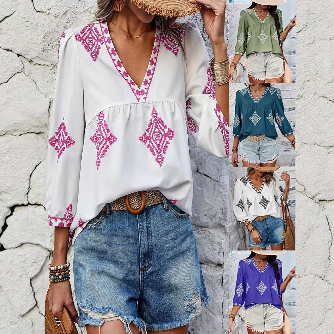 Women Loosely Cut Boho Blouse with V-Neck, Ruched Bust Seam and Three-Quarter Sleeves Mune Fashion