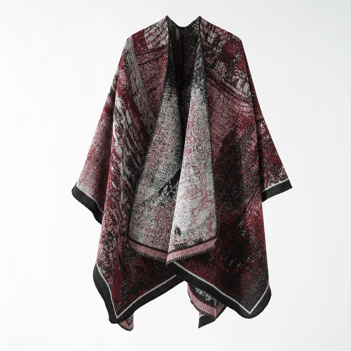 Women Oversize Ruana in boxy cape with jacquard woven structure and soft wool blend drape