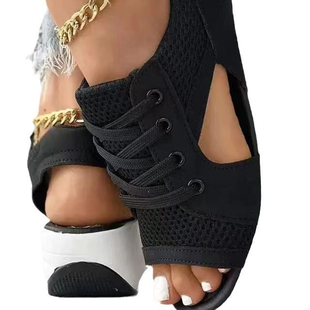 Women's Sporty Wedge Sandals with Breathable Mesh, Open Toes and Lacing Mune Fashion