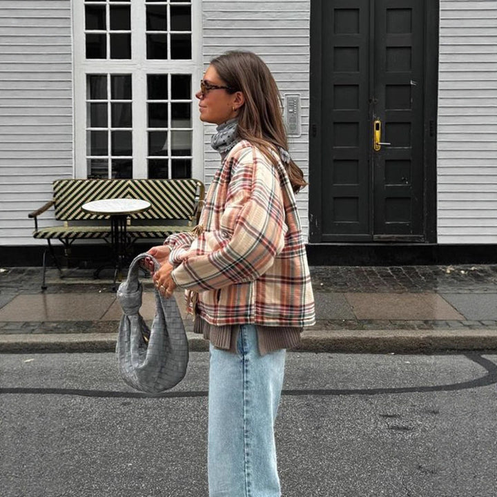 Women Padded Short Quilted Jacket in Check Pattern with Drawstring Hem and Oversized Sleeves Mune Fashion