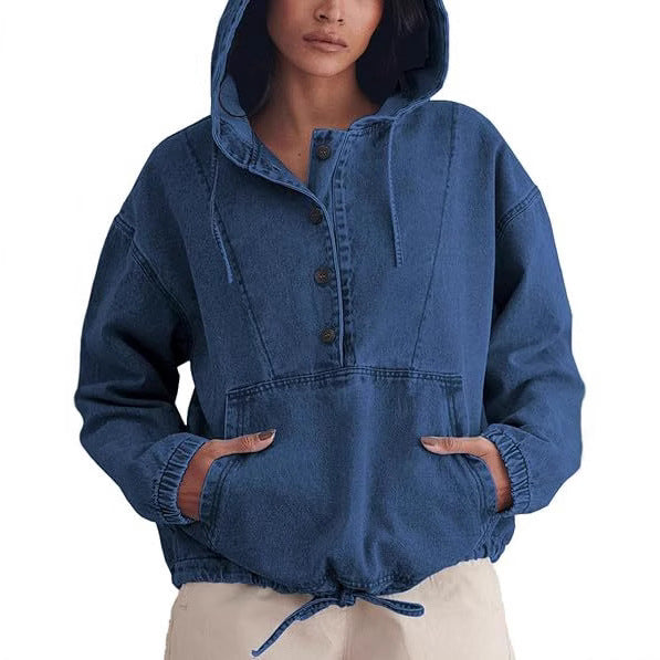 Women's denim hoodie with half button placket, kangaroo pocket, and drawstring hem Mune Fashion