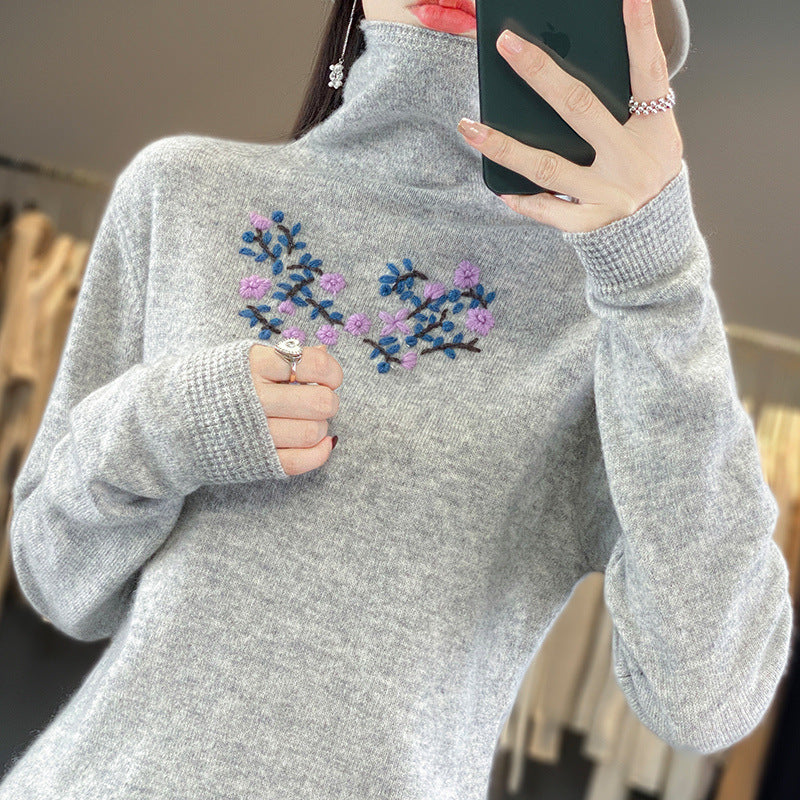 Women's Cashmere-Optics Turtleneck Sweater with Delicate Floral Embroidery on the Chest Area Mune Fashion