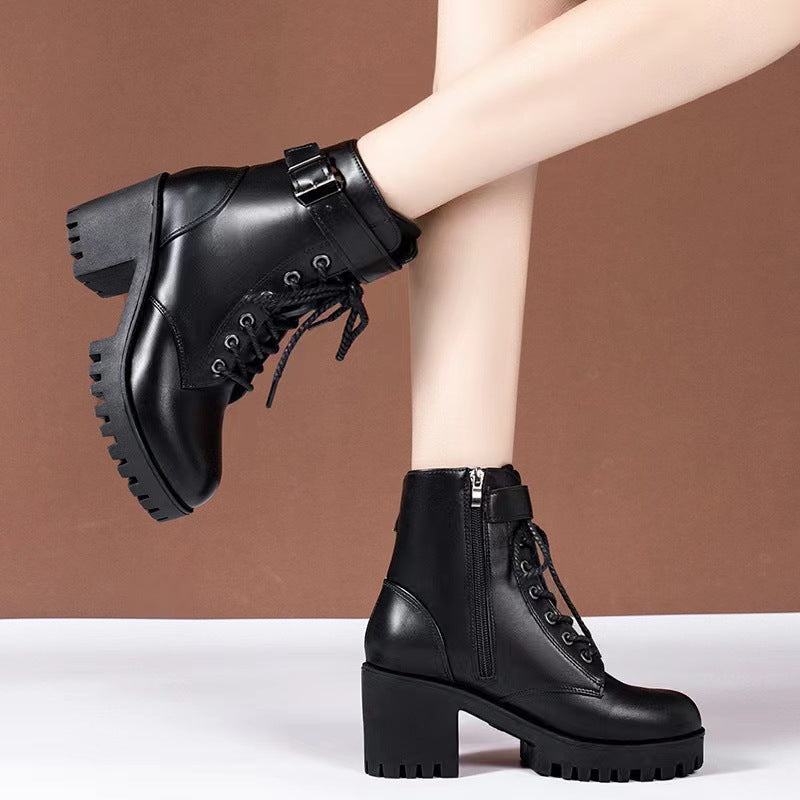 Women's platform lace-up ankle boots made of synthetic leather with profiled rubber sole and adjustable buckle strap Mune Fashion