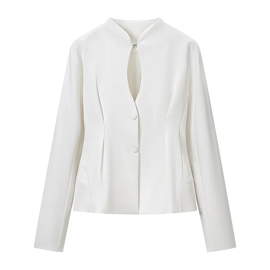 Women nan tailored short blazer with stand-up collar, cut-out front and concealed decorative seams Mune Fashion