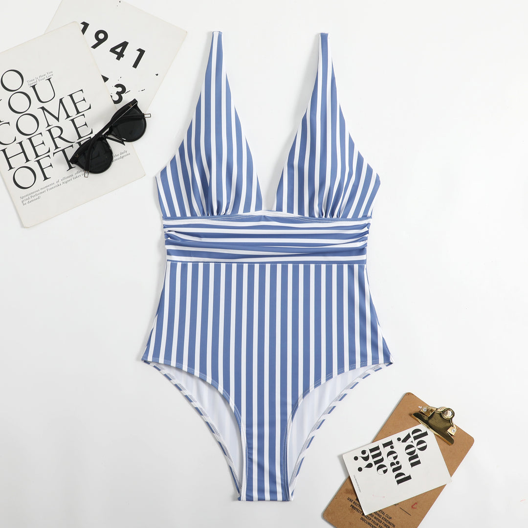 Women Elegant V-Neck One-Piece with Striped Design Mune Fashion