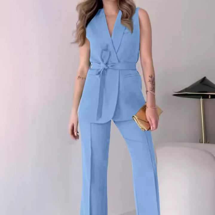 Women's Sleeveless Blazer Set with Tailored Tie Belt and High-Waist Flared Pants Mune Fashion