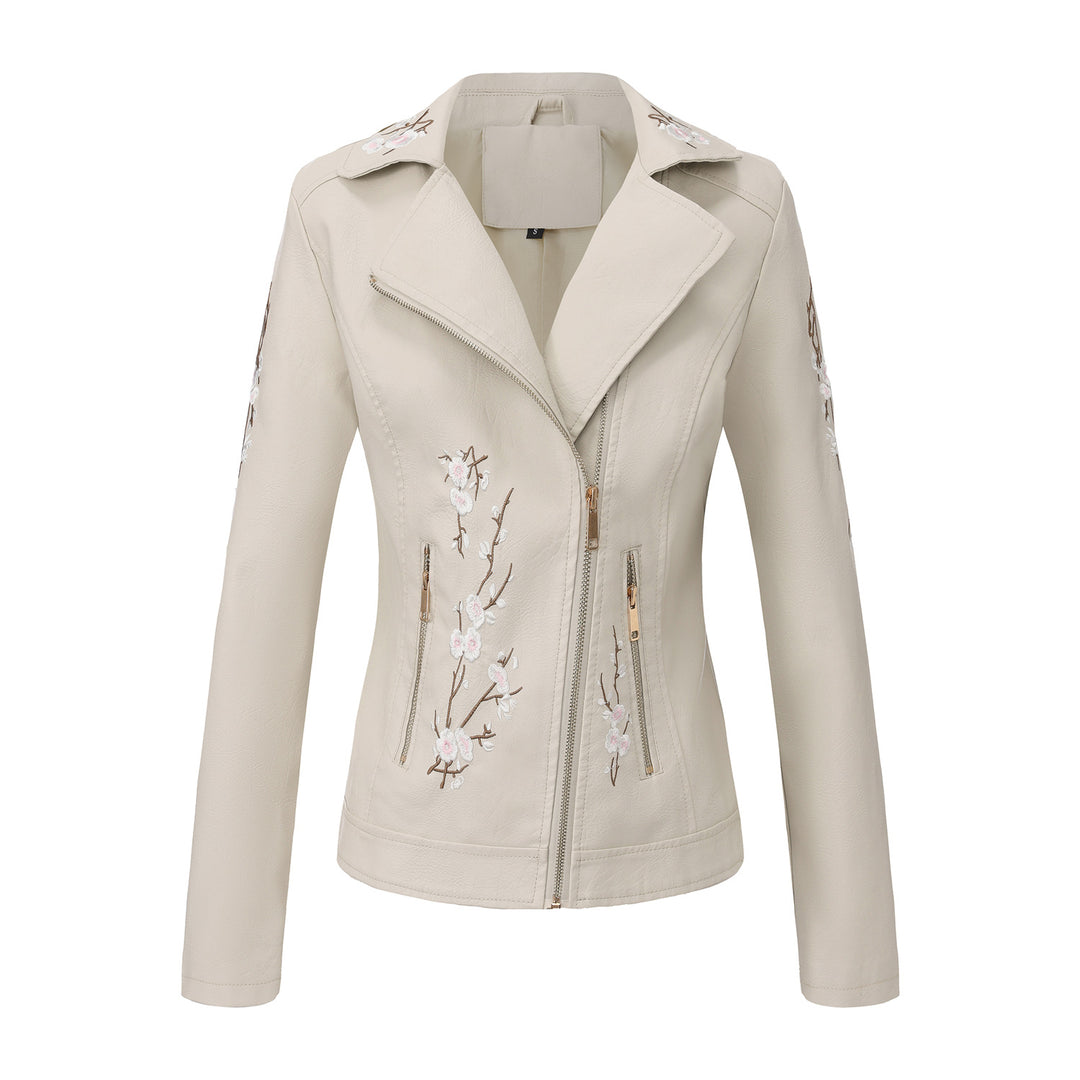 Women nan embroidered tailored faux leather biker jacket with asymmetrical zipper Mune Fashion