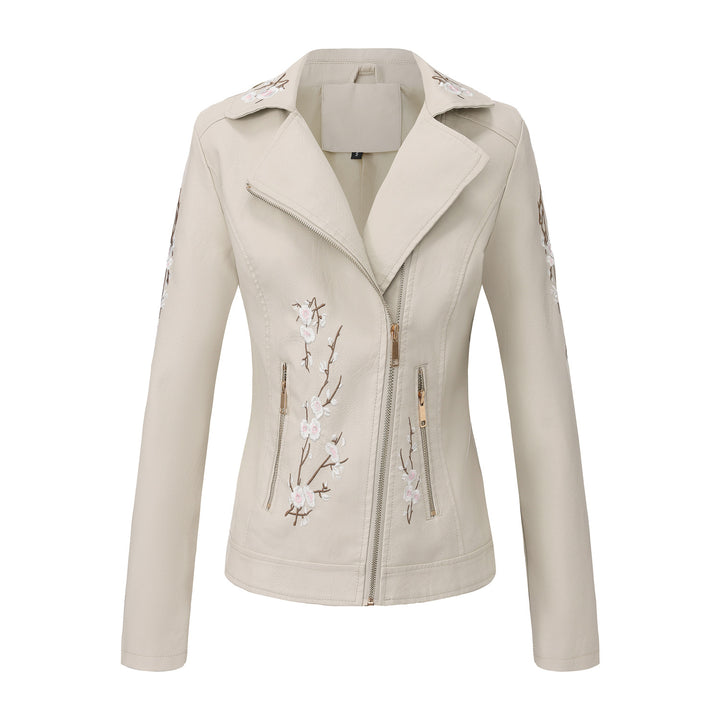 Women nan embroidered tailored faux leather biker jacket with asymmetrical zipper Mune Fashion