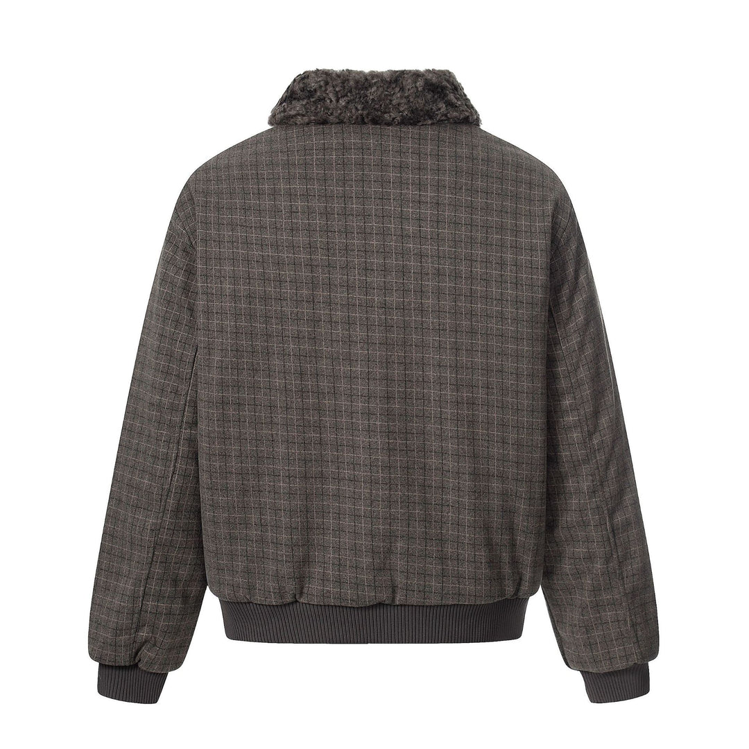 Men's Short Boxy Blouson in Wool Blend with Teddy Collar and Check Quilting Mune Fashion