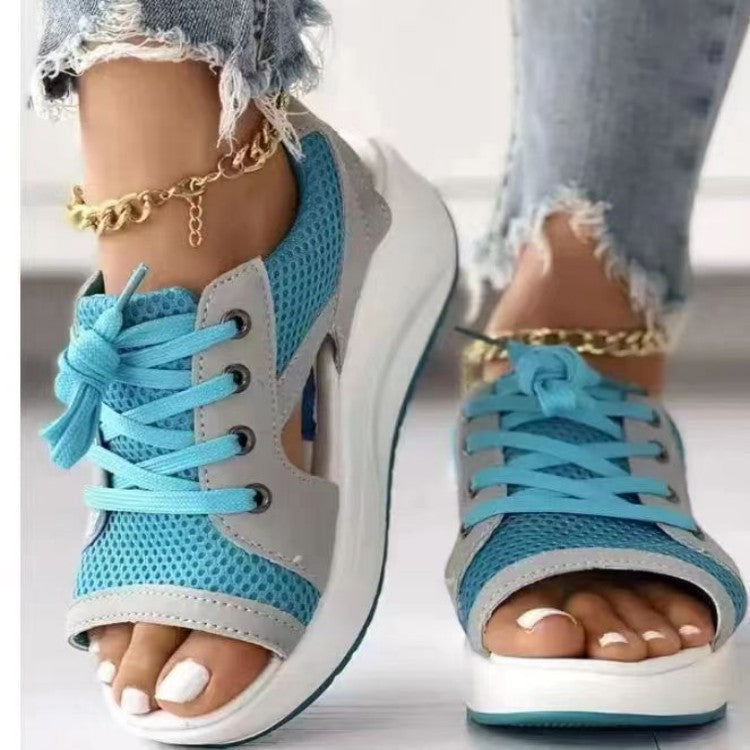 Damen Offene Keil-Sandale-Sneaker mit atmungsaktivem Mesh, profilierter Plateau-Sohle und Schnürung Mune Fashion