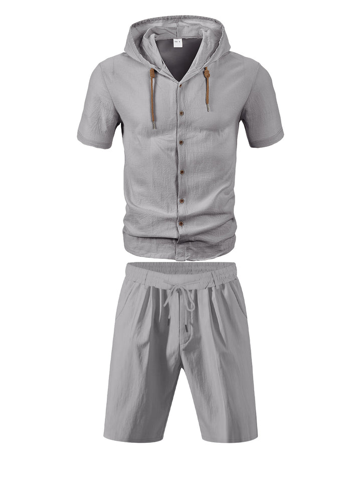 Men's lightweight summer hoodie in linen look with continuous button placket and drawstring Mune Fashion