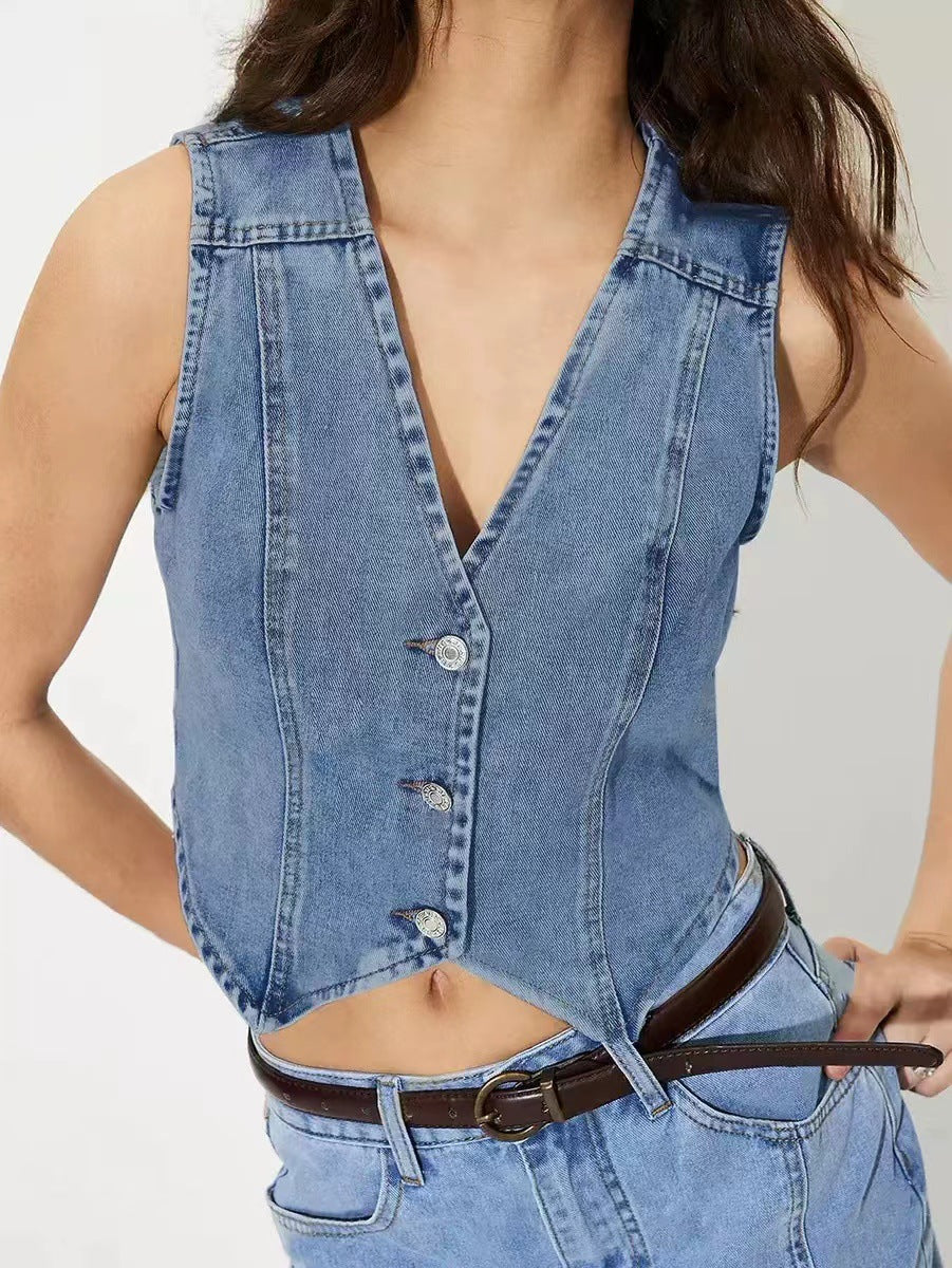 Women tailored sleeveless denim vest with V-neck Mune Fashion