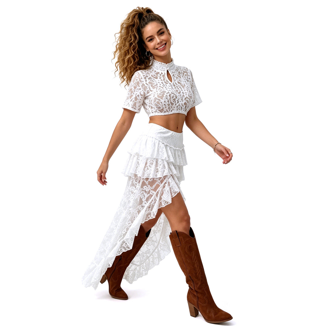 Women's lace cropped blouse with standing collar and keyhole detail Mune Fashion
