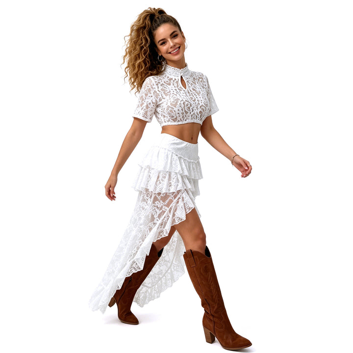 Women's lace cropped blouse with standing collar and keyhole detail Mune Fashion