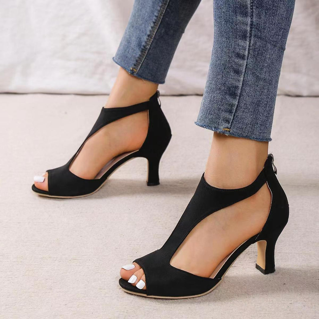 Damen Peeptoe-Sandaletten mit T-Riemen, Reißverschluss hinten und mittelhohem geschwungenem Absatz Mune Fashion
