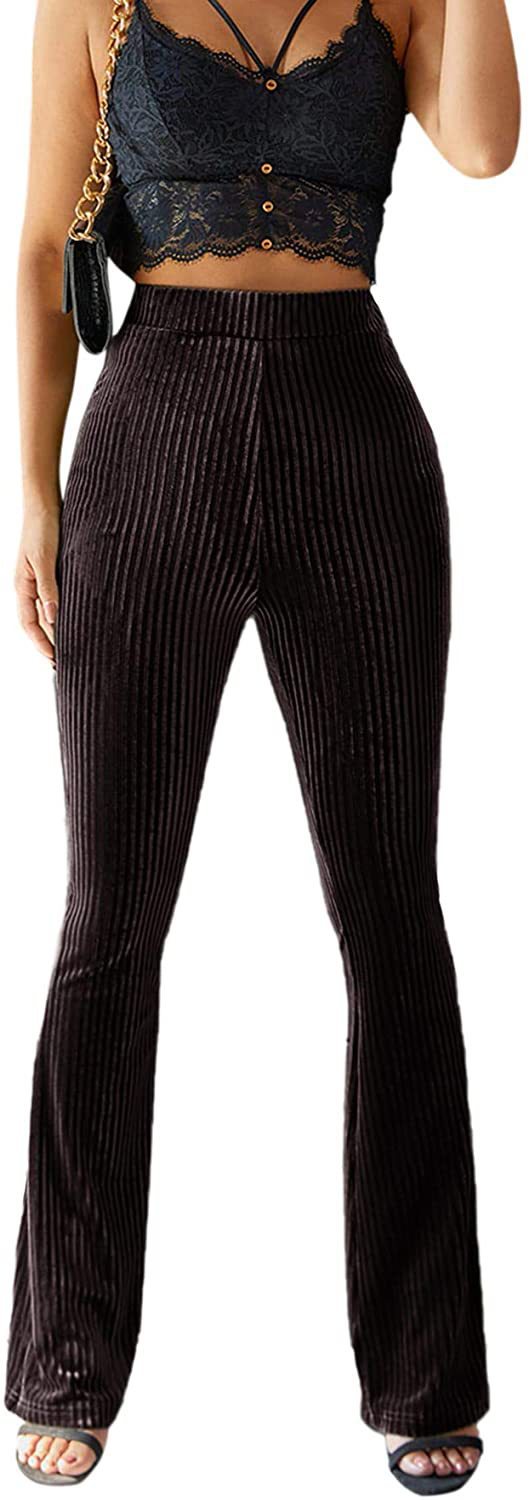 Women's high-waisted ribbed velvet flare trousers with wide flare and elastic waistband Mune Fashion