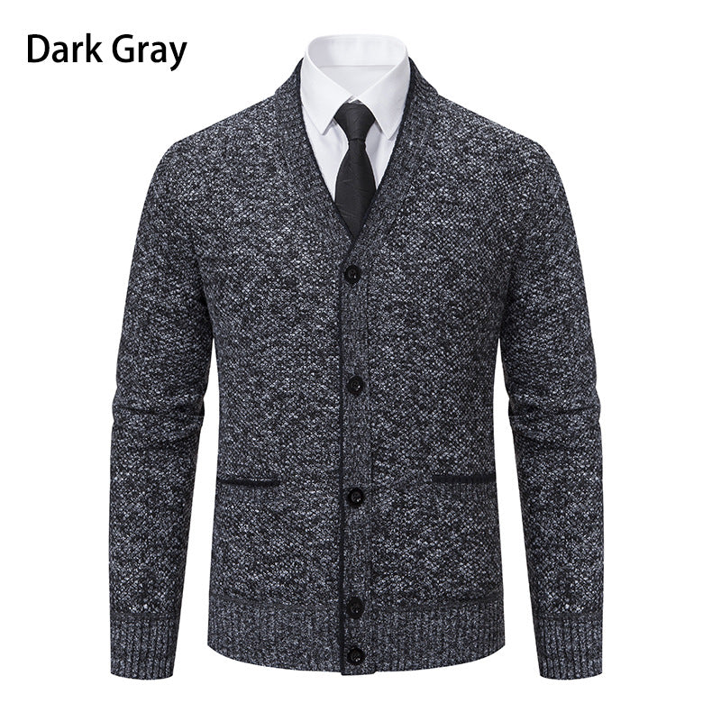 Men's knitted cardigan with melange structure, V-neck, contrast edges, and patch pockets Mune Fashion