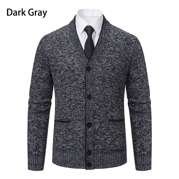 Men's knitted cardigan with melange structure, V-neck, contrast edges, and patch pockets Mune Fashion